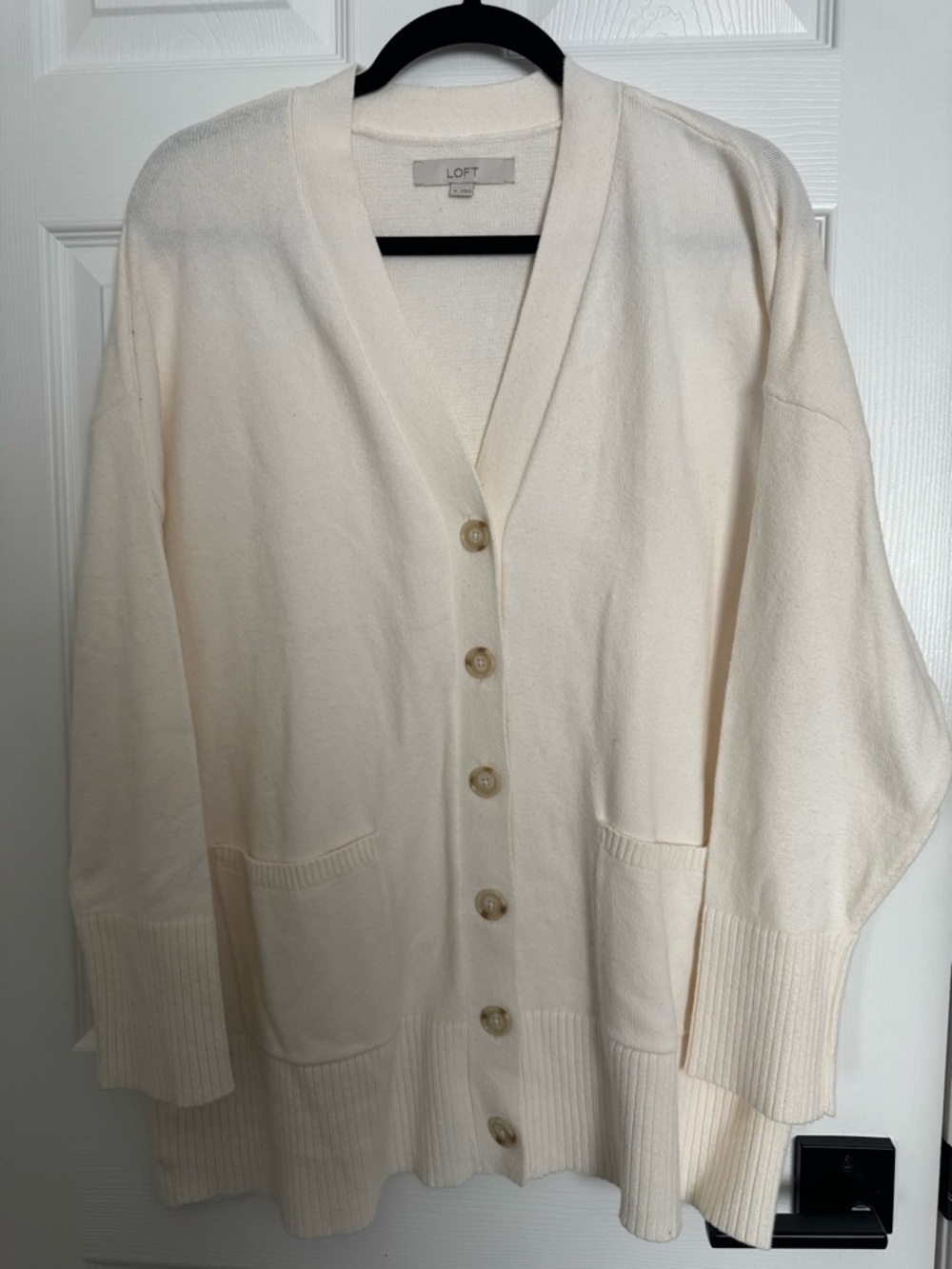 LOFT Cream Button-Front Pocket V-Neck Cardigan